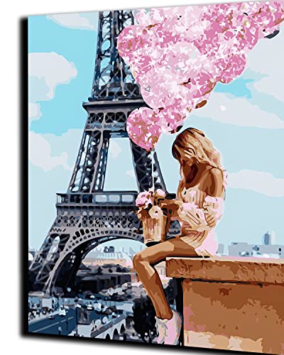 WANGMAOMAO Malen nach Zahlen Kits 40 cm x 50 cm Leinwand DIY Acrylmalerei für Erwachsene und Kinder mit Farben Pinseln und Lupe in Kartengröße Eiffelturm-Ballon-Mädchen -mit Rahmen von WANGMAOMAO