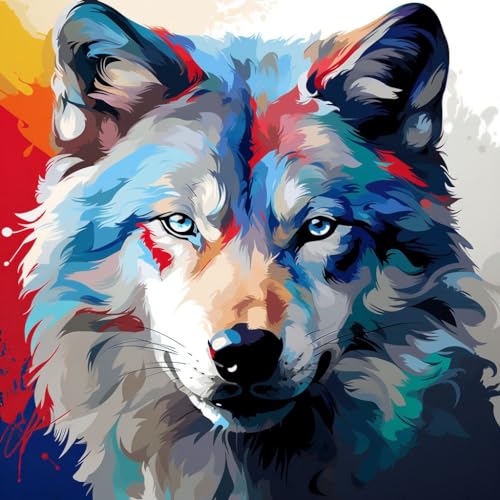 Art Malen Nach Zahlen Erwachsene,Diy Handgemalt Ölgemälde Leinwand Set für Home Haus Deko,(40x40cm),wolf bunt graffiti tier，,Mit Rahmen von WANGXIAO