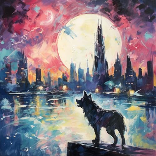 DIY Ölgemälde Malen nach Zahlen Erwachsene,40x40cm Handgemalte Geschenke Zahlenmalerei ab 5 Öl Wandkunst Haus Dekoration malen，Stadt und Wolf，,Mit Rahmen von WANGXIAO
