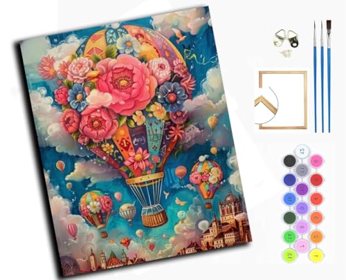 DIY Ölgemälde Malen nach Zahlen Erwachsene,40x50cm Handgemalte Geschenke Zahlenmalerei ab 5 Öl Wandkunst Haus Dekoration malen，Blumen-Heißluftballon,mit Rahmen von WANGXIAO