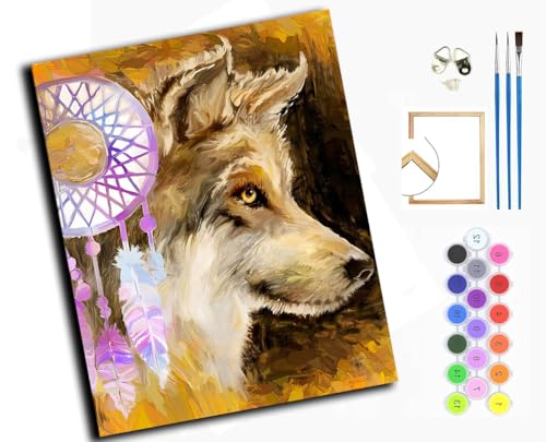 DIY Ölgemälde Malen nach Zahlen Erwachsene,40x50cm Handgemalte Geschenke Zahlenmalerei ab 5 Öl Wandkunst Haus Dekoration malen，Traumfänger Tier Wolf,mit Rahmen von WANGXIAO