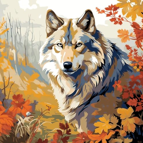 Malen Nach Zahlen Erwachsene,DIY Handgemalt Ölgemälde,mit Pinseln Malerei Kits Erwachsene Kunsthandwerk für Zuhause 40x40 cm,dschungel pastoral tier wolf，,Mit Rahmen von WANGXIAO