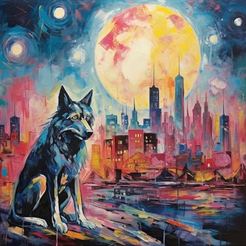 Malen Nach Zahlen Erwachsene,DIY Handgemalt Ölgemälde Kit,Anfänger Kreativ Bastelset für Erwachsene und Mädchen Geschenk,16x16 inch,Stadt und Wolf，,Mit Rahmen von WANGXIAO