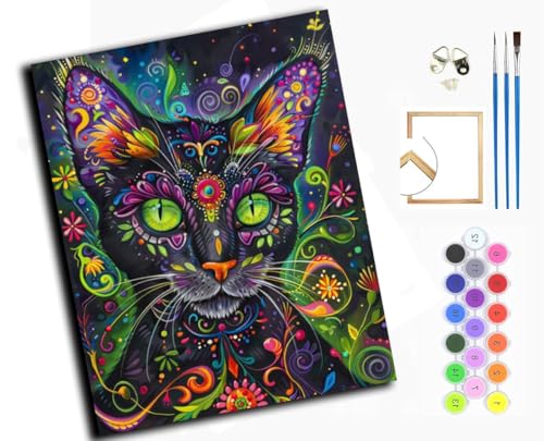 Malen Nach Zahlen Erwachsene,DIY Handgemalt Ölgemälde Kit,Anfänger Kreativ Bastelset für Erwachsene und Mädchen Geschenk,16x20 inch,Mandala Blume schwarze Katze,mit Rahmen von WANGXIAO