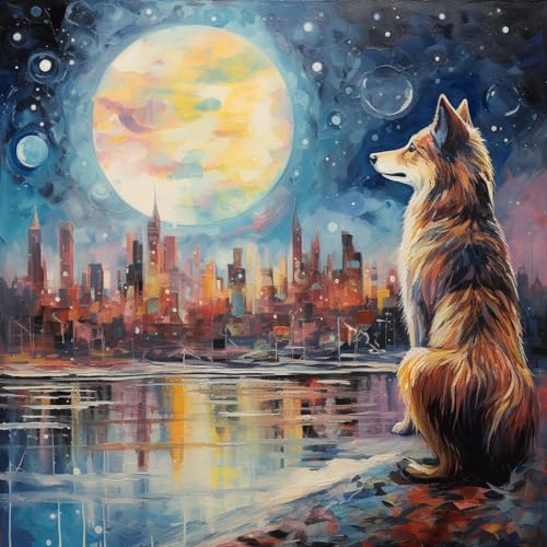 Malen Nach Zahlen Erwachsene,DIY Handgemalt Ölgemälde Kit,inklusive Pinsel und Acrylfarben,40x40 cm,Stadt und Wolf，,Mit Rahmen von WANGXIAO