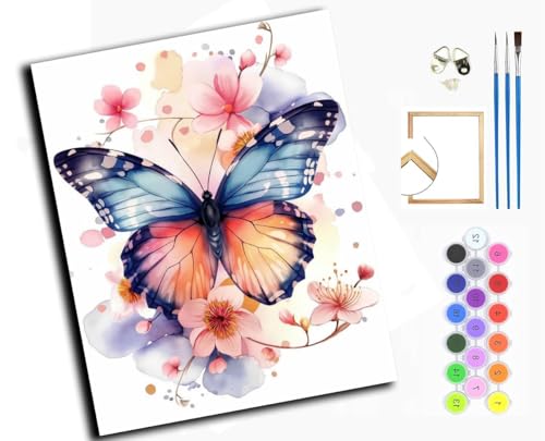 Malen Nach Zahlen Erwachsene,DIY Handgemalt Ölgemälde Kit,inklusive Pinsel und Acrylfarben,40x50 cm,Aquarell Schmetterlinge und Blumen,mit Rahmen von WANGXIAO