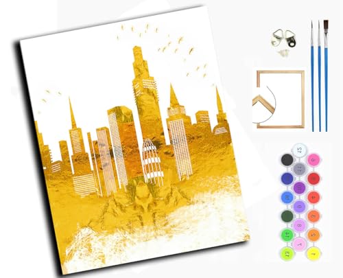Malen Nach Zahlen Erwachsene,DIY Handgemalt Ölgemälde Kit,inklusive Pinsel und Acrylfarben,40x50 cm,Goldene Stadt,mit Rahmen von WANGXIAO