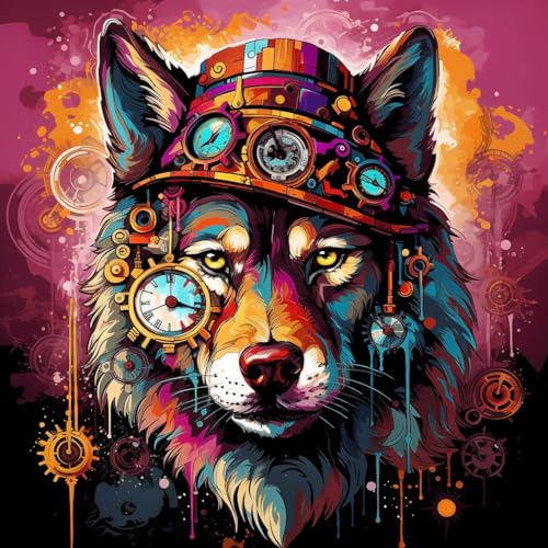 Malen Nach Zahlen Erwachsene,DIY mit Pinseln und Acrylfarben Handgemalt Ölgemälde Leinwand für Home Decor,(40x40cm),brauner Wolf und Rose, Steampunk-Stil，,Mit Rahmen von WANGXIAO