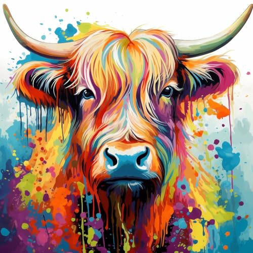 Malen Nach Zahlen Erwachsene,DIY mit Pinseln und Acrylfarben Handgemalt Ölgemälde Leinwand für Home Decor,(40x40cm),bunte Graffiti Highland Kuh，,Mit Rahmen von WANGXIAO