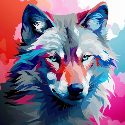 Malen Nach Zahlen Erwachsene,DIY mit Pinseln und Acrylfarben Handgemalt Ölgemälde Leinwand für Home Decor,(40x40cm),wolf bunt graffiti tier，,Mit Rahmen von WANGXIAO