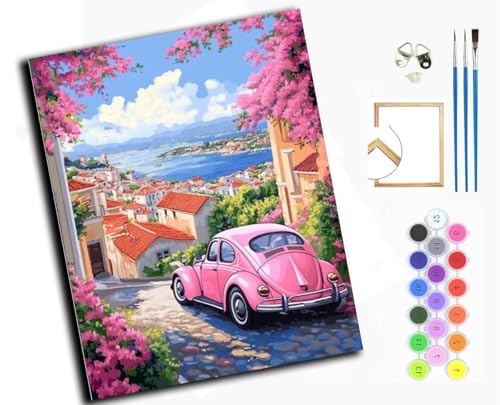 Malen Nach Zahlen Erwachsene,DIY mit Pinseln und Acrylfarben Handgemalt Ölgemälde Leinwand für Home Decor,(40x50cm),Rosa Auto und Küstenstadt,mit Rahmen von WANGXIAO