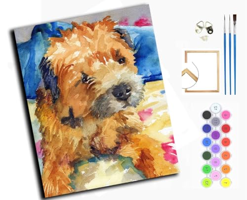 Malen Nach Zahlen Erwachsene,Paint by Numbers,DIY Handgemalt Ölgemälde Mit 3,Pinseln und Acrylfarbe leinwand Kit,40x50 cm,Border Terrier, Tierhund,mit Rahmen von WANGXIAO