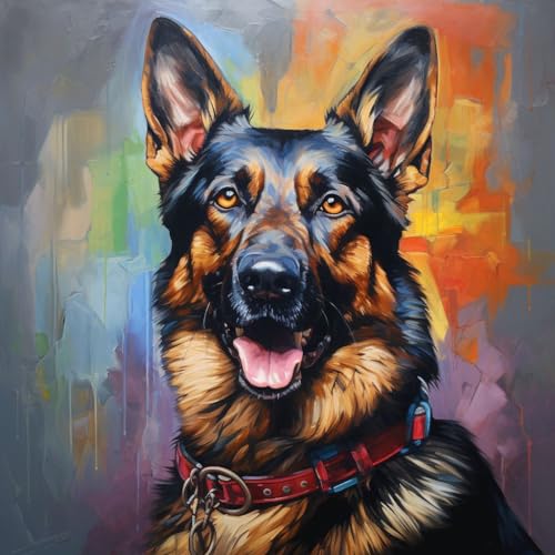 Malen Nach Zahlen Erwachsene,Paint by Numbers,DIY Handgemalt Ölgemälde Mit 3 Pinseln und Acrylfarbe leinwand Kit,40x40 cm,Deutscher Schäferhund，,Mit Rahmen von WANGXIAO