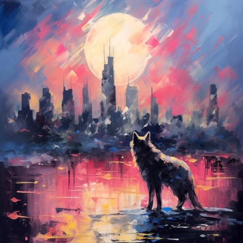 Malen Nach Zahlen Erwachsene,Paint by Numbers,DIY Handgemalt Ölgemälde Mit 3 Pinseln und Acrylfarbe leinwand Kit,40x40 cm,Stadt und Wolf，,Mit Rahmen von WANGXIAO