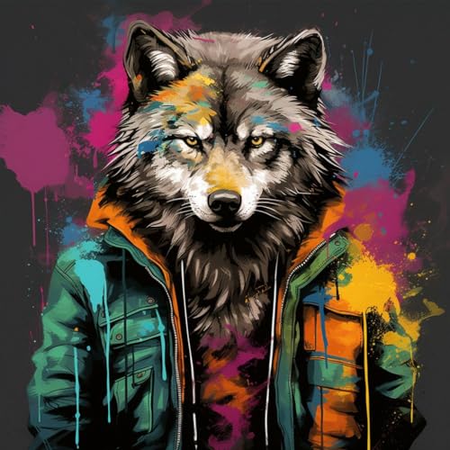 Malen Nach Zahlen Erwachsene,Paint by Numbers,DIY Handgemalt Ölgemälde Mit 3 Pinseln und Acrylfarbe leinwand Kit,40x40 cm,bunter Graffiti-Stil Tier Wolf，,Mit Rahmen von WANGXIAO