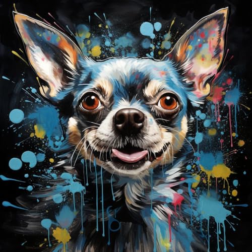 Malen Nach Zahlen Erwachsene,Paint by Numbers,DIY Handgemalt Ölgemälde Mit 3 Pinseln und Acrylfarbe leinwand Kit,40x40 cm,farbenfrohe abstrakte Graffiti Chihuahua Hund，,Mit Rahmen von WANGXIAO