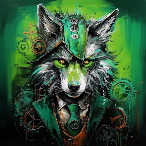 Malen Nach Zahlen Erwachsene,Paint by Numbers,DIY Handgemalt Ölgemälde Mit 3 Pinseln und Acrylfarbe leinwand Kit,40x40 cm,grüner Wolf und Rose, Steampunk-Stil，,Mit Rahmen von WANGXIAO