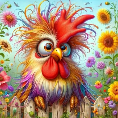 Malen Nach Zahlen Erwachsene,inklusive Pinsel und Acrylfarben,40x40cm,DIY Handgemalt Ölgemälde Kit,Herr Regenbogenhuhn，,Mit Rahmen von WANGXIAO
