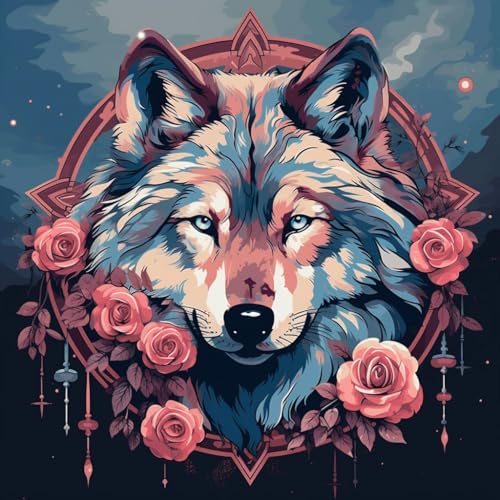 Malen Nach Zahlen Erwachsene,inklusive Pinsel und Acrylfarben,40x40cm,DIY Handgemalt Ölgemälde Kit,Mond Wolf Rose im antiken griechischen Stil，,Mit Rahmen von WANGXIAO