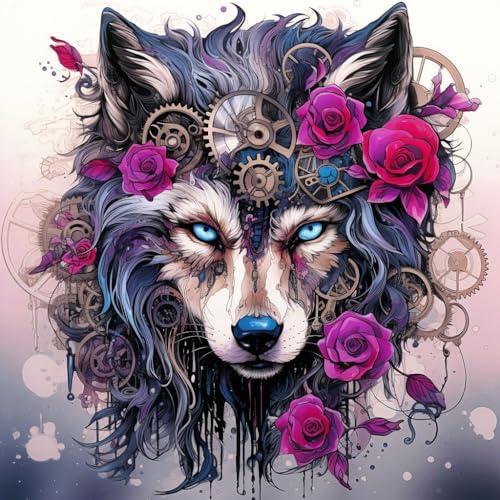 Malen Nach Zahlen Erwachsene,inklusive Pinsel und Acrylfarben,40x40cm,DIY Handgemalt Ölgemälde Kit,bunte lila Wolfsrose, Steampunk ，,Mit Rahmen von WANGXIAO