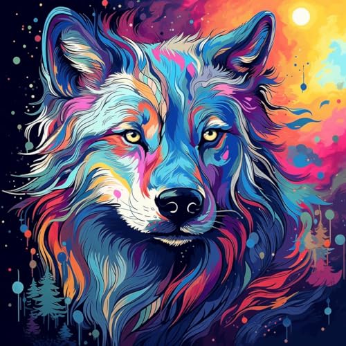 Malen Nach Zahlen Erwachsene,inklusive Pinsel und Acrylfarben,40x40cm,DIY Handgemalt Ölgemälde Kit,bunter Tierwolf，,Mit Rahmen von WANGXIAO