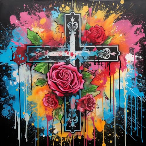 Malen Nach Zahlen Erwachsene,inklusive Pinsel und Acrylfarben,40x40cm,DIY Handgemalt Ölgemälde Kit,buntes Graffiti-Rosenkreuz，,Mit Rahmen von WANGXIAO