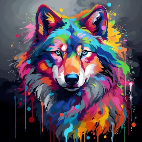 Malen Nach Zahlen Erwachsene,inklusive Pinsel und Acrylfarben,40x40cm,DIY Handgemalt Ölgemälde Kit,wolf bunt graffiti tier，,Mit Rahmen von WANGXIAO