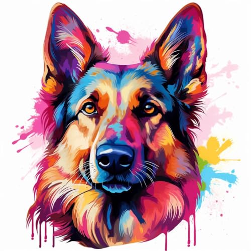 Malen Nach Zahlen Erwachsene 40x40cm,mit Pinsels und Acrylfarbe kit,DIY Handgemalt Ölgemälde für Geschenke und Wandbilder Wohnzimmer,Graffiti bunter Deutscher Schäferhund，,Mit Rahmen von WANGXIAO