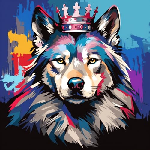 Malen Nach Zahlen Erwachsene 40x40cm,mit Pinsels und Acrylfarbe kit,DIY Handgemalt Ölgemälde für Geschenke und Wandbilder Wohnzimmer,Krone Wolf, Farbe Graffiti，,Mit Rahmen von WANGXIAO