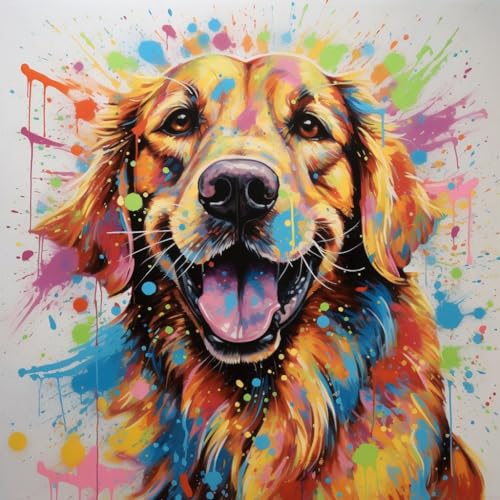Malen Nach Zahlen Erwachsene 40x40cm,mit Pinsels und Acrylfarbe kit,DIY Handgemalt Ölgemälde für Geschenke und Wandbilder Wohnzimmer,bunte Graffiti Golden Retriever Hund，,Mit Rahmen von WANGXIAO