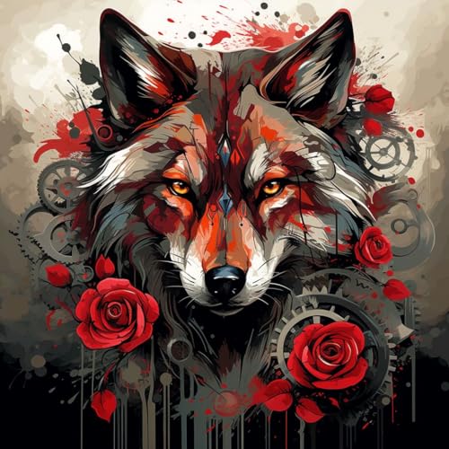 Malen Nach Zahlen Erwachsene 40x40cm,mit Pinsels und Acrylfarbe kit,DIY Handgemalt Ölgemälde für Geschenke und Wandbilder Wohnzimmer,bunte rote Wolfsrose, Steampunk ，,Mit Rahmen von WANGXIAO