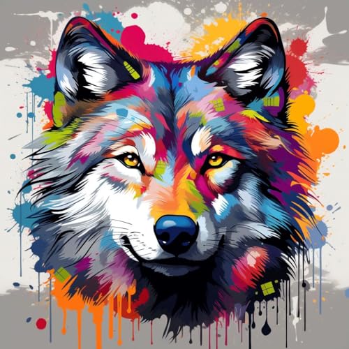 Malen Nach Zahlen Erwachsene 40x40cm,mit Pinsels und Acrylfarbe kit,DIY Handgemalt Ölgemälde für Geschenke und Wandbilder Wohnzimmer,bunter Graffiti-Stil Tier Wolf，,Mit Rahmen von WANGXIAO