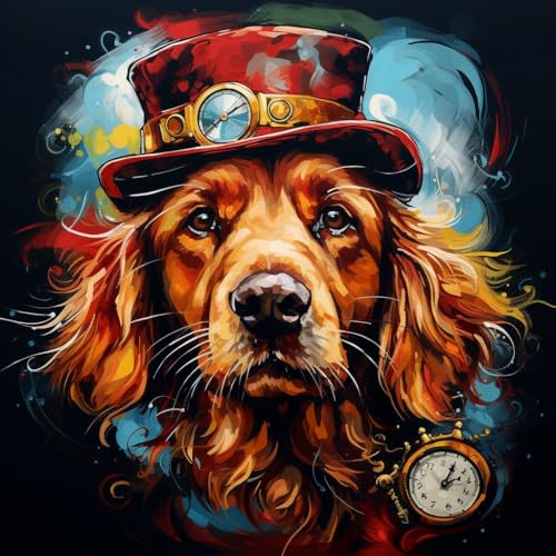 Malen Nach Zahlen Erwachsene 40x40cm,mit Pinsels und Acrylfarbe kit,DIY Handgemalt Ölgemälde für Geschenke und Wandbilder Wohnzimmer,bunter Steampunk Golden Retriever Hund，,Mit Rahmen von WANGXIAO