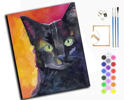 Malen Nach Zahlen Erwachsene 40x50cm,mit Pinsels und Acrylfarbe kit,DIY Handgemalt Ölgemälde für Geschenke und Wandbilder Wohnzimmer,Schwarze Katze, Tier,mit Rahmen von WANGXIAO