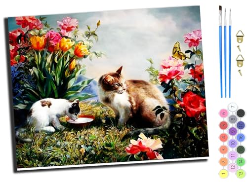 Malen nach Zahlen Erwachsene,DIY Bastelset Handgemalt Ölgemälde Geschen Kit Mit 3,Pinseln und Acrylfarbe knitterfreie leinwand Kit,40x50 cm,Katze und Schmetterling zwischen Blumen,ohne Rahmen von WANGXIAO