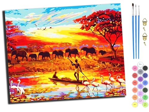Malen nach Zahlen Erwachsene,DIY Bastelset Handgemalt Ölgemälde Geschen Kit Mit 3,Pinseln und Acrylfarbe knitterfreie leinwand Kit,40x50 cm,Sonnenuntergang Elefantenherde Landschaft,ohne Rahmen von WANGXIAO