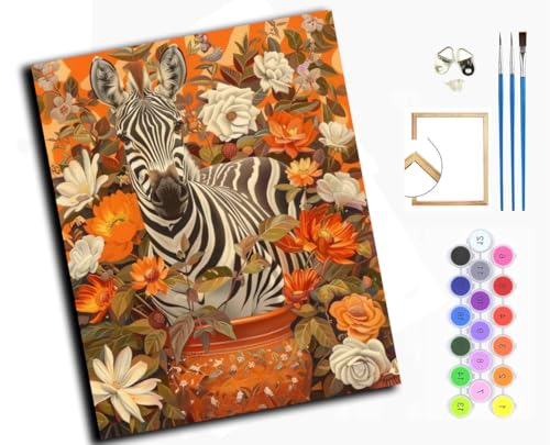 Malen nach Zahlen Erwachsene,DIY Bastelset Handgemalt Ölgemälde Geschen Kit Mit 3,Pinseln und Acrylfarbe knitterfreie leinwand Kit,40x50 cm,Zebra und Blumen,mit Rahmen von WANGXIAO