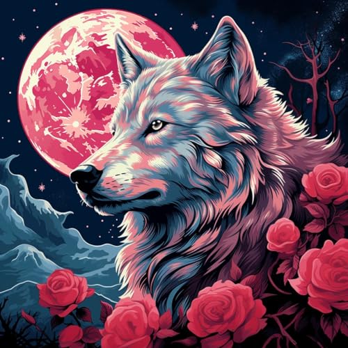 Malen nach Zahlen Erwachsene,DIY Bastelset Handgemalt Ölgemälde Geschen Kit Mit 3 Pinseln und Acrylfarbe knitterfreie leinwand Kit,40x40 cm,Wolf und Rose magischer Mond，,Mit Rahmen von WANGXIAO