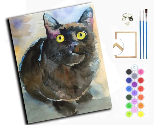 Malen nach Zahlen Erwachsene,DIY Bastelset Handgemalt Ölgemälde Kit Mit 3,Pinseln und Acrylfarbe leinwand Kit,Geschenkideen,40x50 cm,Schwarze Katze, Tier,mit Rahmen von WANGXIAO