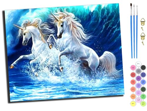 Malen nach Zahlen Erwachsene,DIY Bastelset Handgemalt Ölgemälde Kit Mit 3,Pinseln und Acrylfarbe leinwand Kit,Geschenkideen,40x50 cm,Zwei Elfenpferde auf den riesigen Wellen am Meer,ohne Rahmen von WANGXIAO
