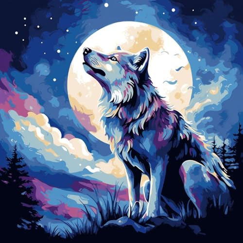 Malen nach Zahlen Erwachsene,DIY Bastelset Handgemalt Ölgemälde Kit Mit 3 Pinseln und Acrylfarbe leinwand Kit,Geschenkideen,40x40 cm,Berg Wolf Mond，,Mit Rahmen von WANGXIAO