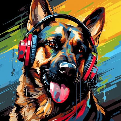 Malen nach Zahlen Erwachsene,DIY Bastelset Handgemalt Ölgemälde Kit Mit 3 Pinseln und Acrylfarbe leinwand Kit,Geschenkideen,40x40 cm,Deutscher Schäferhund im Hip-Hop-Stil，,Mit Rahmen von WANGXIAO