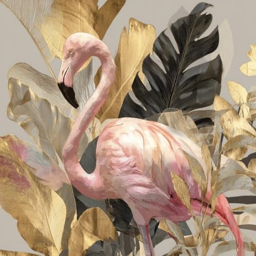 Malen nach Zahlen Erwachsene,DIY Bastelset Handgemalt Ölgemälde Kit Mit 3 Pinseln und Acrylfarbe leinwand Kit,Geschenkideen,40x40 cm,Flamingo mit Goldfolie，,Mit Rahmen von WANGXIAO