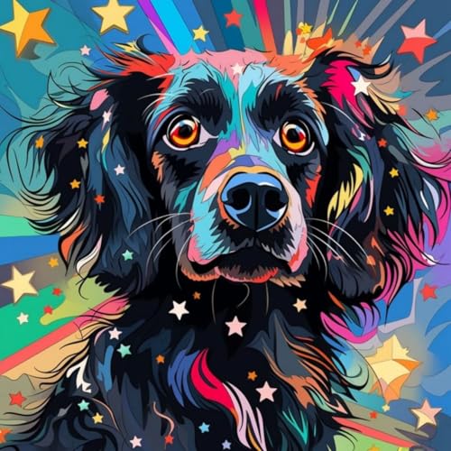 Malen nach Zahlen Erwachsene,DIY Bastelset Handgemalt Ölgemälde Kit Mit 3 Pinseln und Acrylfarbe leinwand Kit,Geschenkideen,40x40 cm,Schwarzer Hund，,Mit Rahmen von WANGXIAO