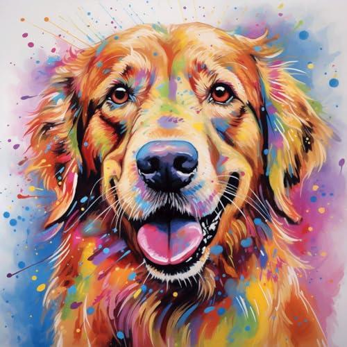 Malen nach Zahlen Erwachsene,DIY Bastelset Handgemalt Ölgemälde Kit Mit 3 Pinseln und Acrylfarbe leinwand Kit,Geschenkideen,40x40 cm,bunte Graffiti Golden Retriever Hund，,Mit Rahmen von WANGXIAO