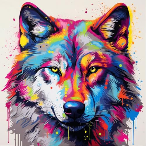 Malen nach Zahlen Erwachsene,DIY Bastelset Handgemalt Ölgemälde Kit Mit 3 Pinseln und Acrylfarbe leinwand Kit,Geschenkideen,40x40 cm,bunter Graffiti-Stil Tier Wolf，,Mit Rahmen von WANGXIAO