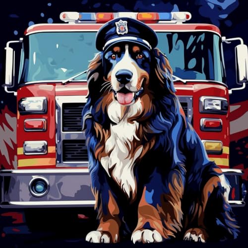 Malen nach Zahlen Erwachsene,DIY Handgemalt Ölgemälde Geschen Mit 3 Pinseln und Acrylfarbe knitterfreie leinwand Kit,40x40 cm,Amerikanische Flagge Polizeihund Feuerwehrauto Polizeiauto，,ohne Rahmen von WANGXIAO