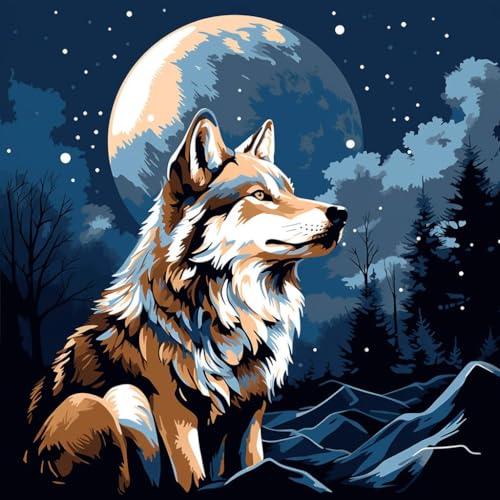 Malen nach Zahlen Erwachsene,DIY Handgemalt Ölgemälde Kit, Mit 3 Pinseln und Acrylfarbe leinwand Kit,40x40 cm,Berg Wolf Mond，,Mit Rahmen von WANGXIAO