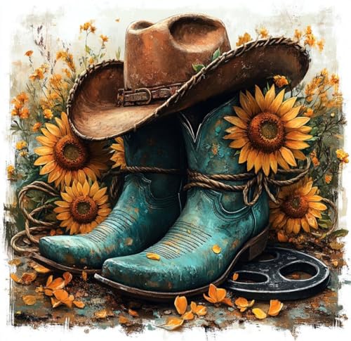 Malen nach Zahlen Erwachsene,DIY Handgemalt Ölgemälde Kit, Mit 3 Pinseln und Acrylfarbe leinwand Kit,40x40 cm,Sonnenblumen und Cowboystiefel，,Mit Rahmen von WANGXIAO