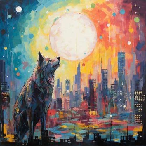 Malen nach Zahlen Erwachsene,DIY Handgemalt Ölgemälde Kit, Mit 3 Pinseln und Acrylfarbe leinwand Kit,40x40 cm,Stadt und Wolf，,Mit Rahmen von WANGXIAO